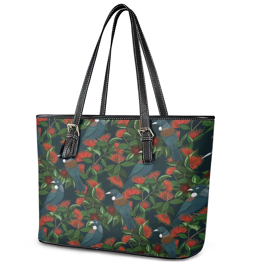 New Zealand Christmas Leather Tote Bag Romantic Tui Birds on Pohutukawa - Cobalt - Aussie Hoodie