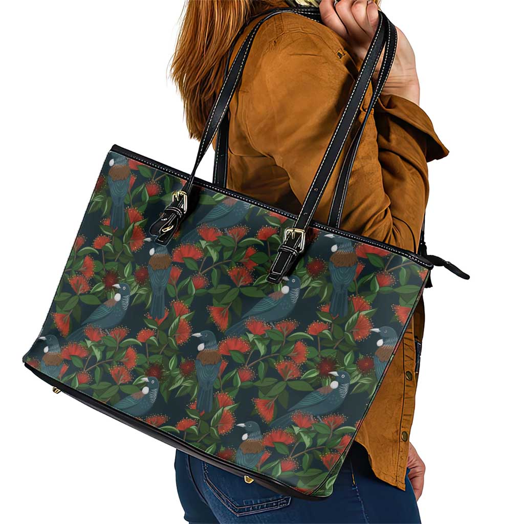 New Zealand Christmas Leather Tote Bag Romantic Tui Birds on Pohutukawa - Cobalt - Aussie Hoodie