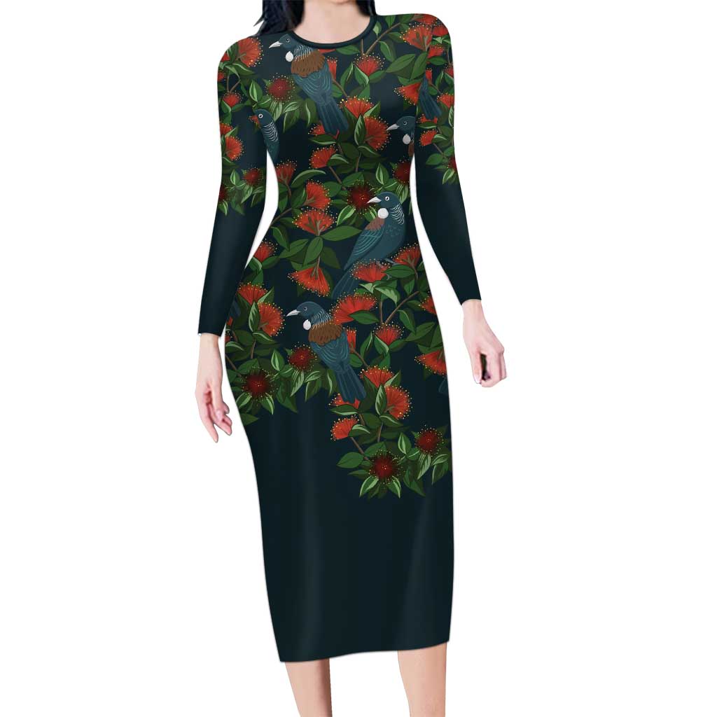 New Zealand Christmas Long Sleeve Bodycon Dress Romantic Tui Birds on Pohutukawa - Cobalt - Aussie Hoodie