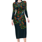 New Zealand Christmas Long Sleeve Bodycon Dress Romantic Tui Birds on Pohutukawa - Cobalt - Aussie Hoodie