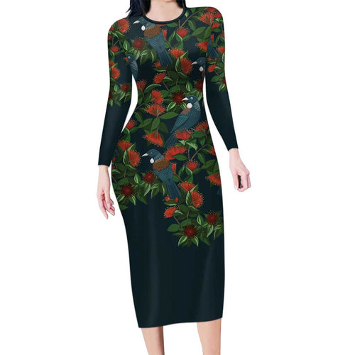 New Zealand Christmas Long Sleeve Bodycon Dress Romantic Tui Birds on Pohutukawa - Cobalt - Aussie Hoodie