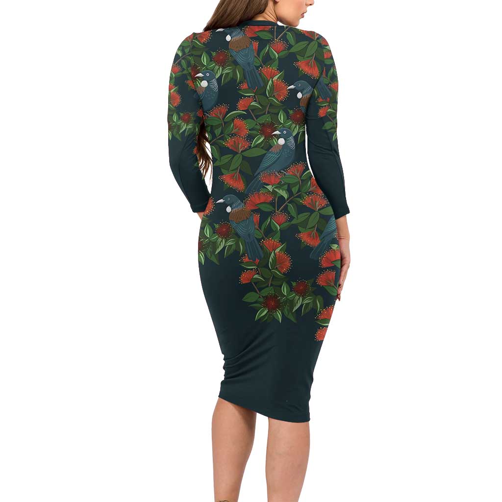 New Zealand Christmas Long Sleeve Bodycon Dress Romantic Tui Birds on Pohutukawa - Cobalt - Aussie Hoodie