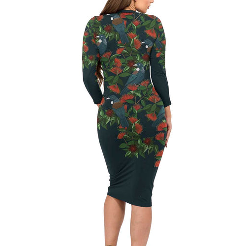 New Zealand Christmas Long Sleeve Bodycon Dress Romantic Tui Birds on Pohutukawa - Cobalt - Aussie Hoodie