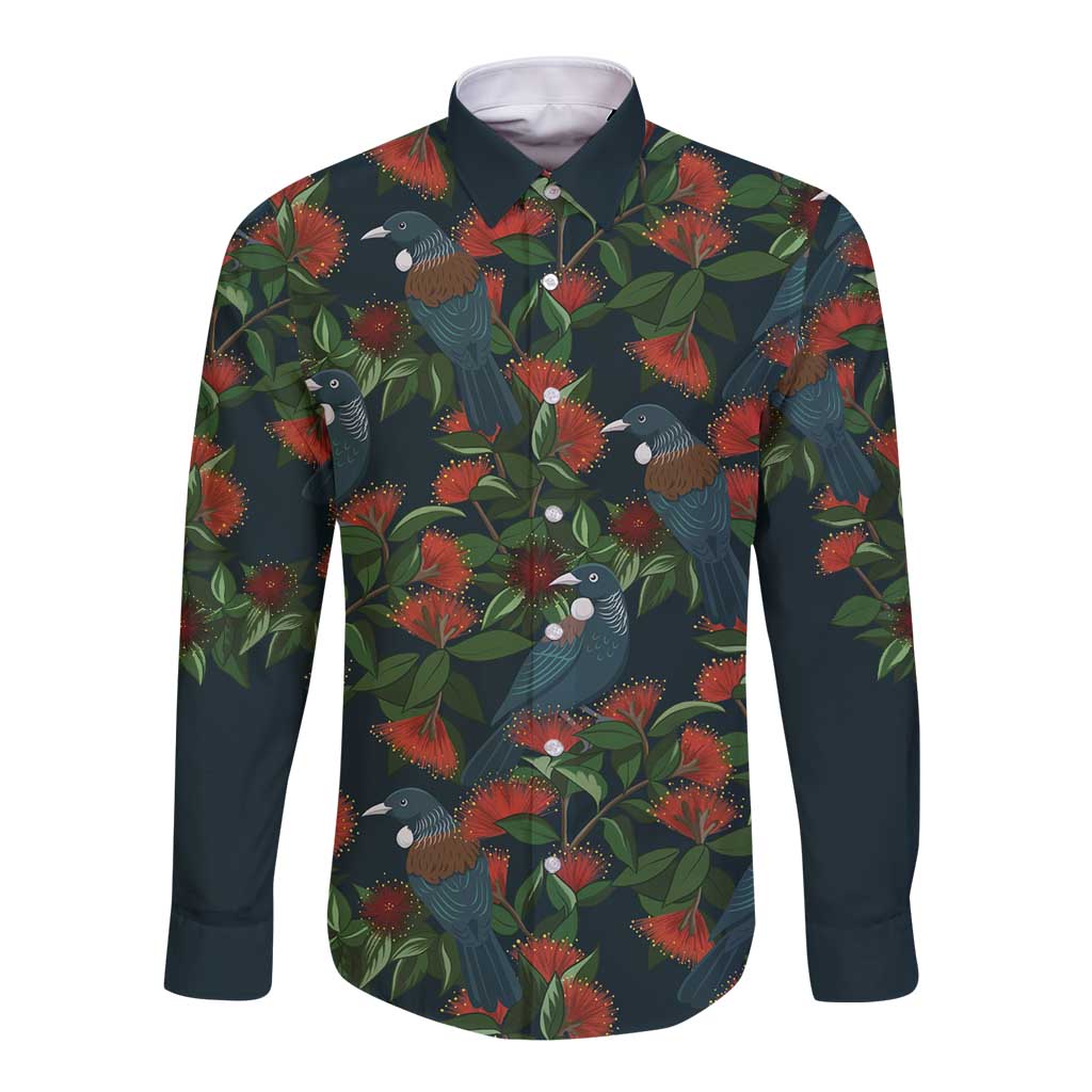 New Zealand Christmas Long Sleeve Button Shirt Romantic Tui Birds on Pohutukawa - Cobalt - Aussie Hoodie