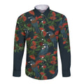 New Zealand Christmas Long Sleeve Button Shirt Romantic Tui Birds on Pohutukawa - Cobalt - Aussie Hoodie