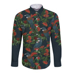 New Zealand Christmas Long Sleeve Button Shirt Romantic Tui Birds on Pohutukawa - Cobalt - Aussie Hoodie