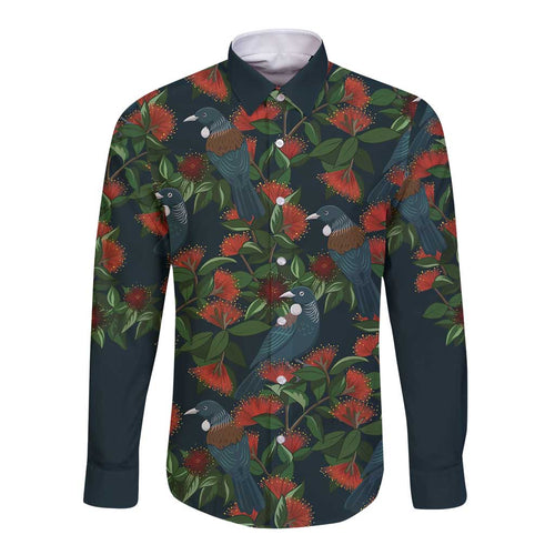 New Zealand Christmas Long Sleeve Button Shirt Romantic Tui Birds on Pohutukawa - Cobalt - Aussie Hoodie