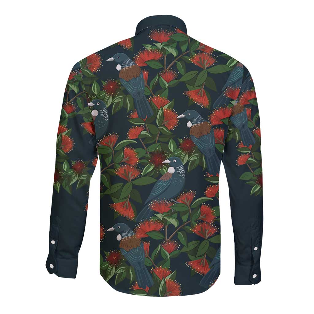 New Zealand Christmas Long Sleeve Button Shirt Romantic Tui Birds on Pohutukawa - Cobalt - Aussie Hoodie