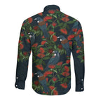 New Zealand Christmas Long Sleeve Button Shirt Romantic Tui Birds on Pohutukawa - Cobalt - Aussie Hoodie