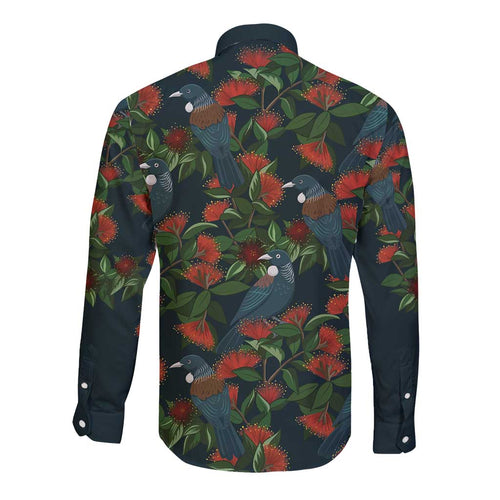 New Zealand Christmas Long Sleeve Button Shirt Romantic Tui Birds on Pohutukawa - Cobalt - Aussie Hoodie