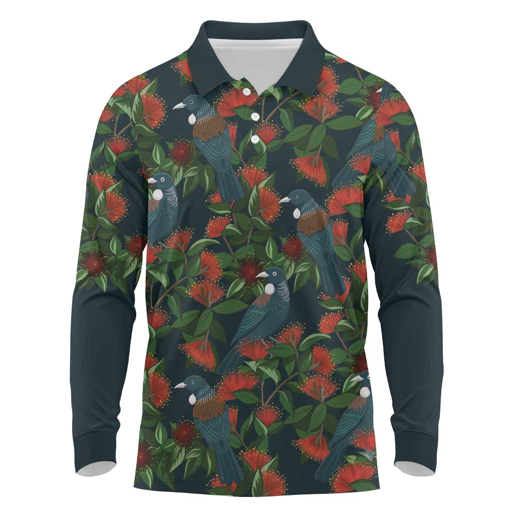 New Zealand Christmas Long Sleeve Polo Shirt Romantic Tui Birds on Pohutukawa - Cobalt - Aussie Hoodie