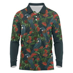 New Zealand Christmas Long Sleeve Polo Shirt Romantic Tui Birds on Pohutukawa - Cobalt - Aussie Hoodie