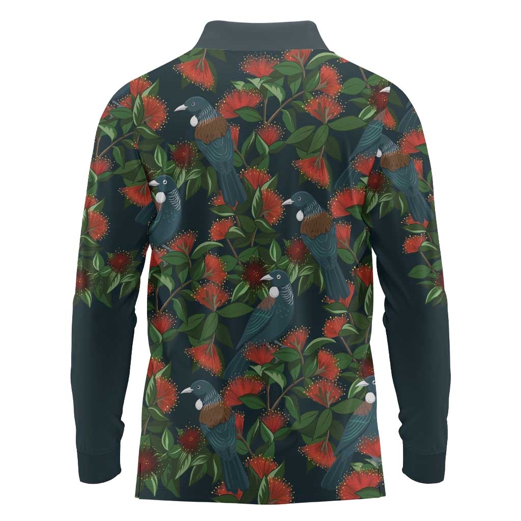 New Zealand Christmas Long Sleeve Polo Shirt Romantic Tui Birds on Pohutukawa - Cobalt - Aussie Hoodie