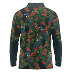 New Zealand Christmas Long Sleeve Polo Shirt Romantic Tui Birds on Pohutukawa - Cobalt - Aussie Hoodie