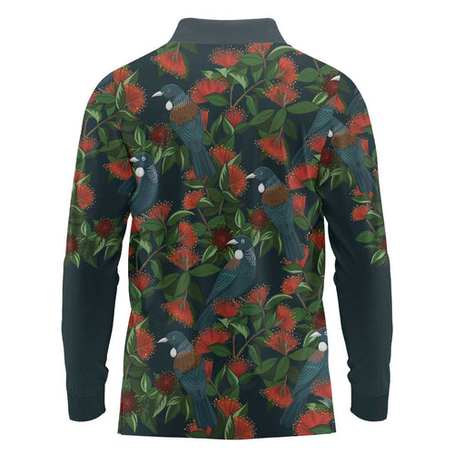 New Zealand Christmas Long Sleeve Polo Shirt Romantic Tui Birds on Pohutukawa - Cobalt - Aussie Hoodie