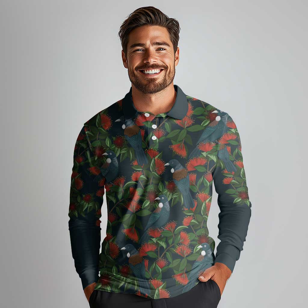 New Zealand Christmas Long Sleeve Polo Shirt Romantic Tui Birds on Pohutukawa - Cobalt - Aussie Hoodie