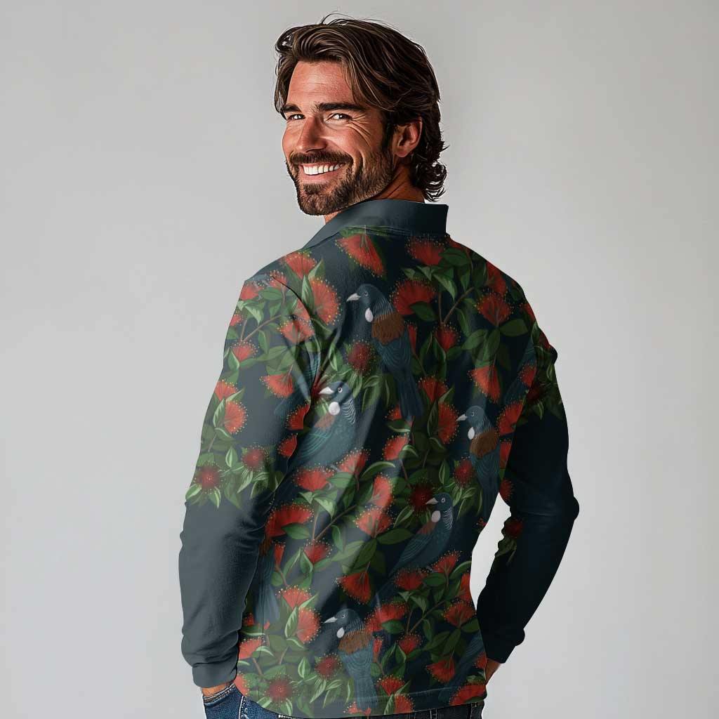 New Zealand Christmas Long Sleeve Polo Shirt Romantic Tui Birds on Pohutukawa - Cobalt - Aussie Hoodie