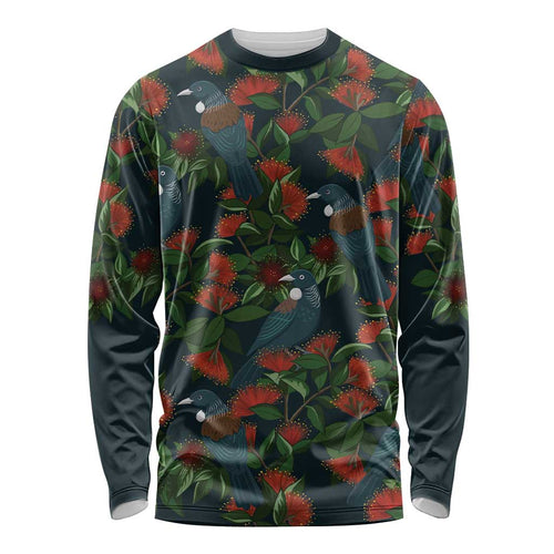 New Zealand Christmas Long Sleeve Shirt Romantic Tui Birds on Pohutukawa - Cobalt - Aussie Hoodie