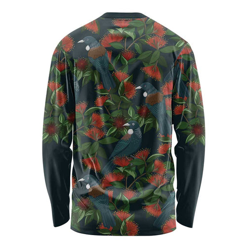 New Zealand Christmas Long Sleeve Shirt Romantic Tui Birds on Pohutukawa - Cobalt - Aussie Hoodie