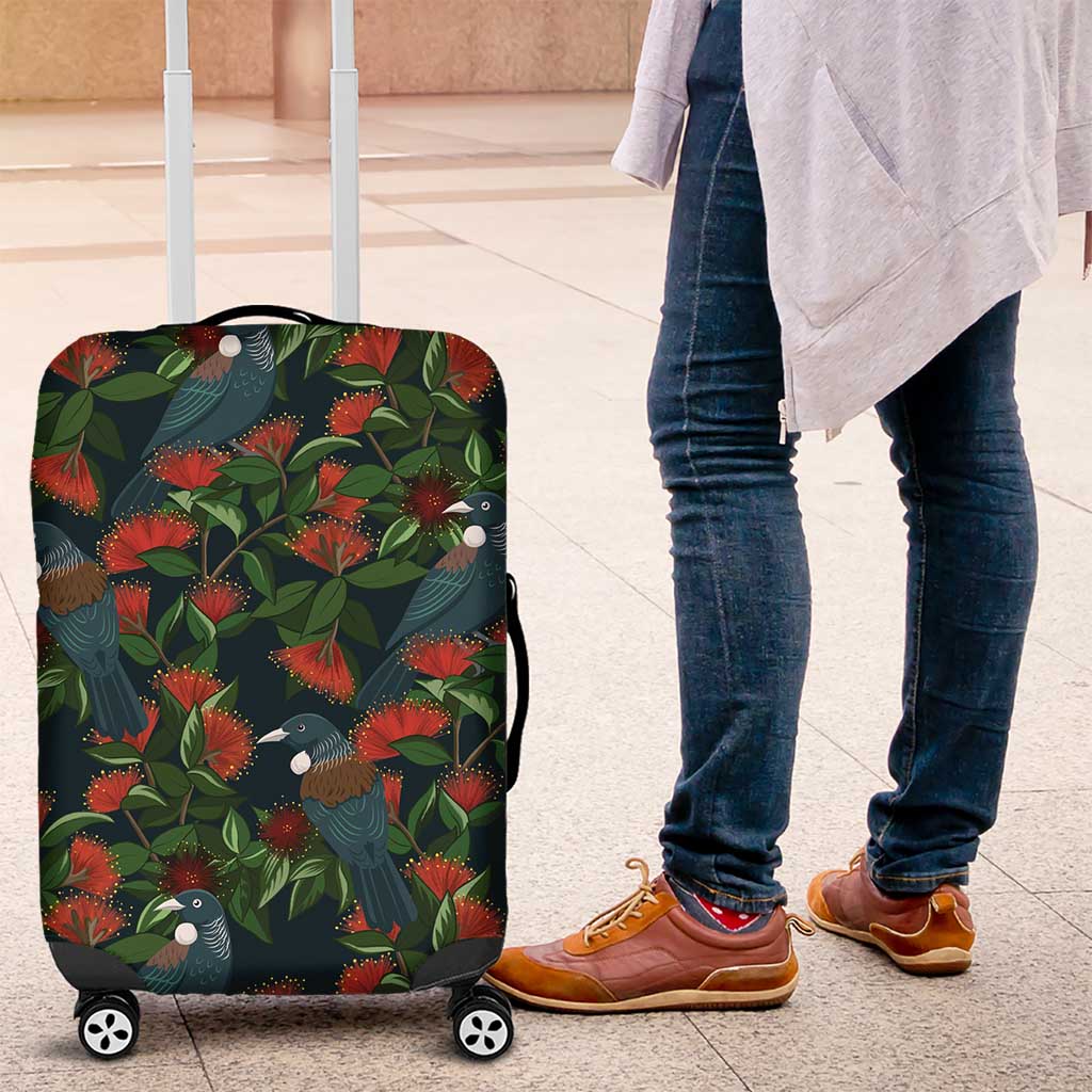 New Zealand Christmas Luggage Cover Romantic Tui Birds on Pohutukawa - Cobalt - Aussie Hoodie