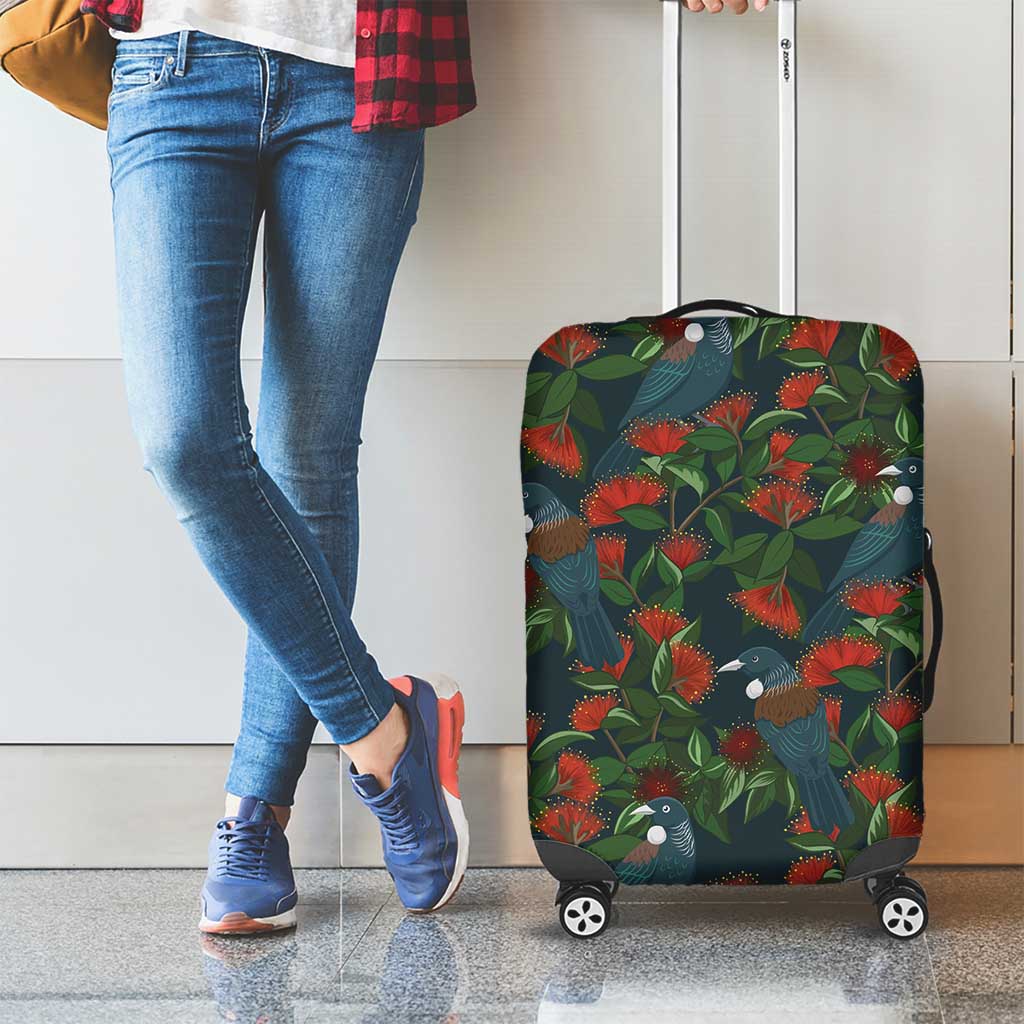 New Zealand Christmas Luggage Cover Romantic Tui Birds on Pohutukawa - Cobalt - Aussie Hoodie