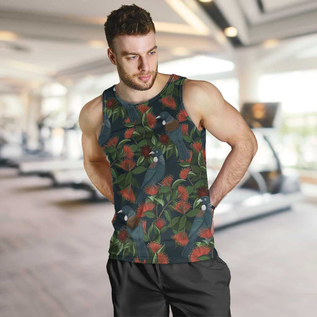 New Zealand Christmas Men Tank Top Romantic Tui Birds on Pohutukawa - Cobalt - Aussie Hoodie