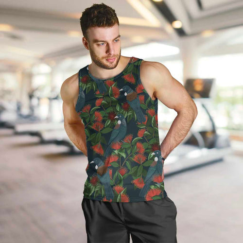 New Zealand Christmas Men Tank Top Romantic Tui Birds on Pohutukawa - Cobalt - Aussie Hoodie