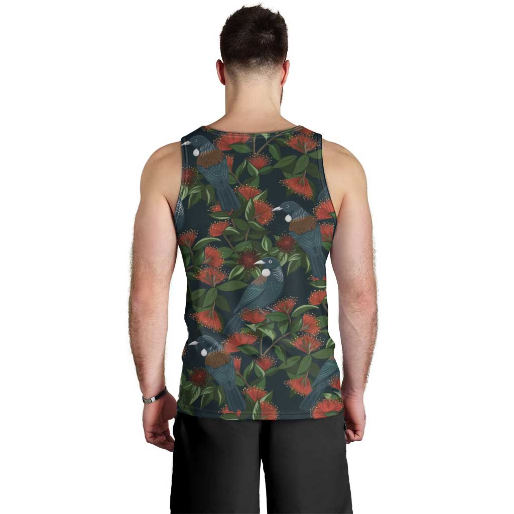 New Zealand Christmas Men Tank Top Romantic Tui Birds on Pohutukawa - Cobalt - Aussie Hoodie