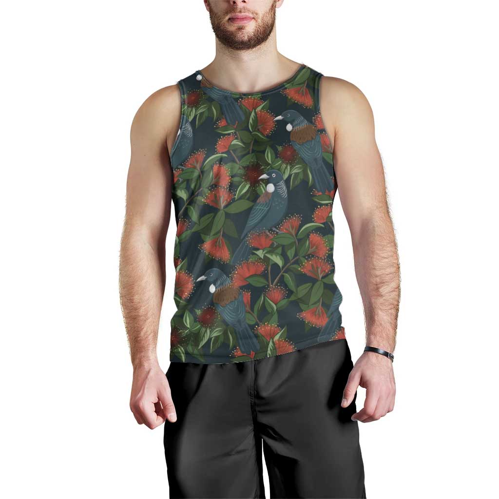 New Zealand Christmas Men Tank Top Romantic Tui Birds on Pohutukawa - Cobalt - Aussie Hoodie