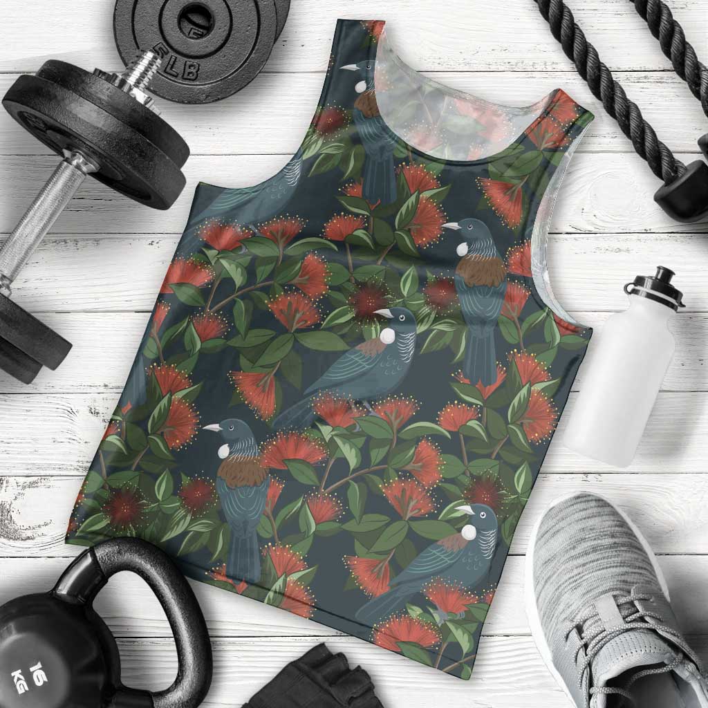 New Zealand Christmas Men Tank Top Romantic Tui Birds on Pohutukawa - Cobalt - Aussie Hoodie