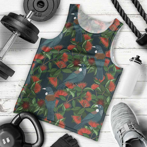 New Zealand Christmas Men Tank Top Romantic Tui Birds on Pohutukawa - Cobalt - Aussie Hoodie