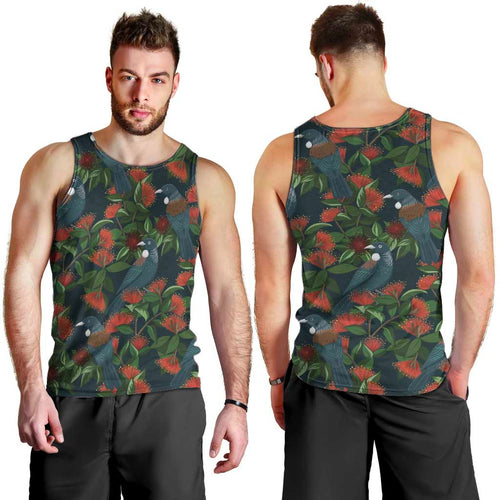 New Zealand Christmas Men Tank Top Romantic Tui Birds on Pohutukawa - Cobalt - Aussie Hoodie
