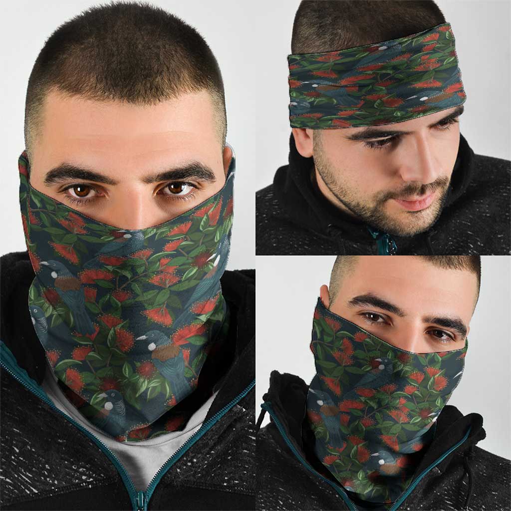 New Zealand Christmas Neck Gaiter Romantic Tui Birds on Pohutukawa - Cobalt - Aussie Hoodie
