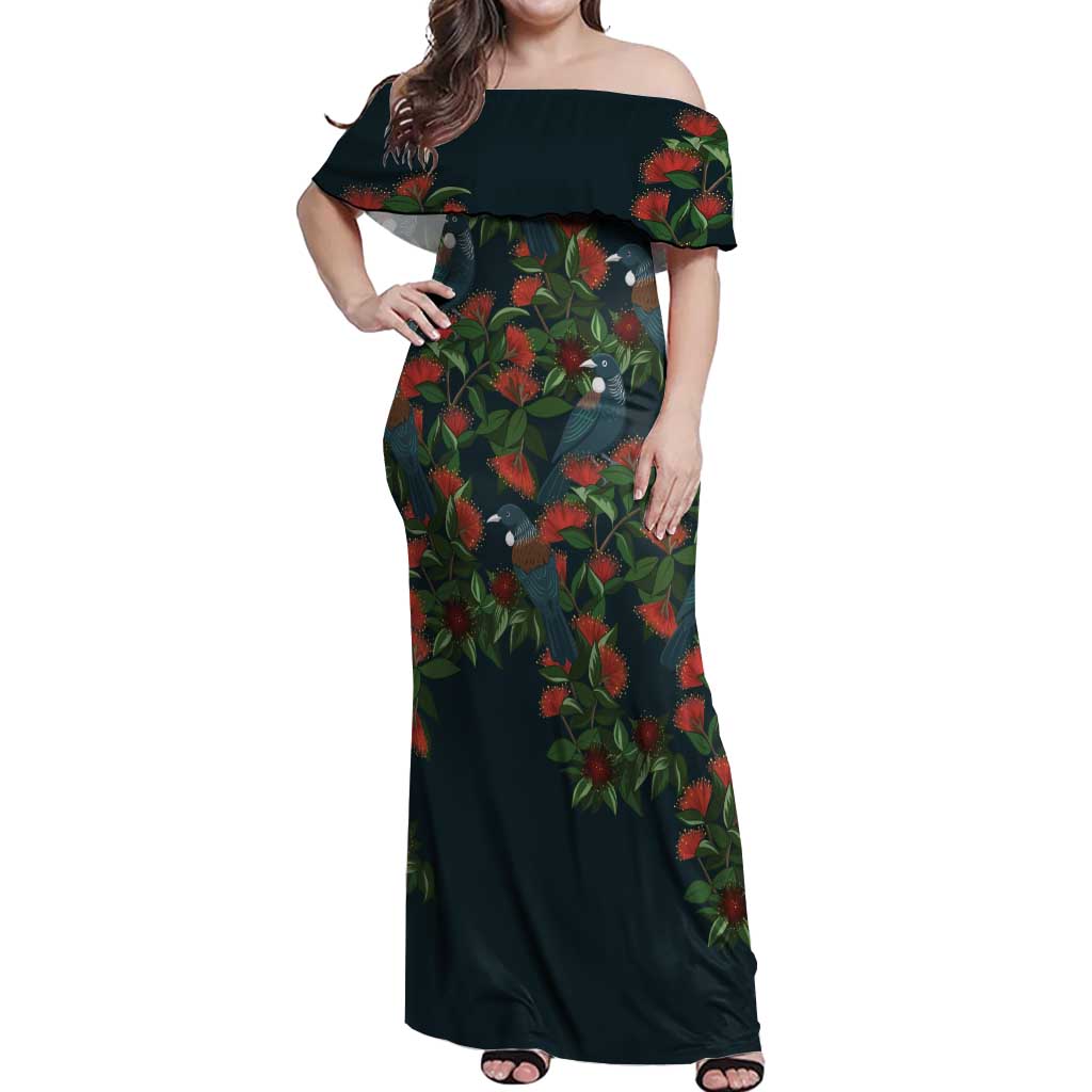 New Zealand Christmas Off Shoulder Maxi Dress Romantic Tui Birds on Pohutukawa - Cobalt - Aussie Hoodie
