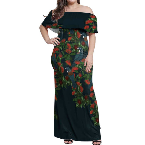 New Zealand Christmas Off Shoulder Maxi Dress Romantic Tui Birds on Pohutukawa - Cobalt - Aussie Hoodie