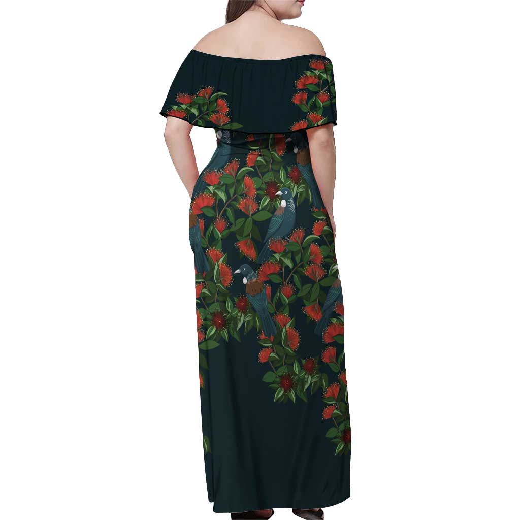 New Zealand Christmas Off Shoulder Maxi Dress Romantic Tui Birds on Pohutukawa - Cobalt - Aussie Hoodie