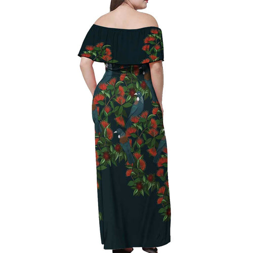 New Zealand Christmas Off Shoulder Maxi Dress Romantic Tui Birds on Pohutukawa - Cobalt - Aussie Hoodie