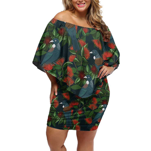 New Zealand Christmas Off Shoulder Short Dress Romantic Tui Birds on Pohutukawa - Cobalt - Aussie Hoodie