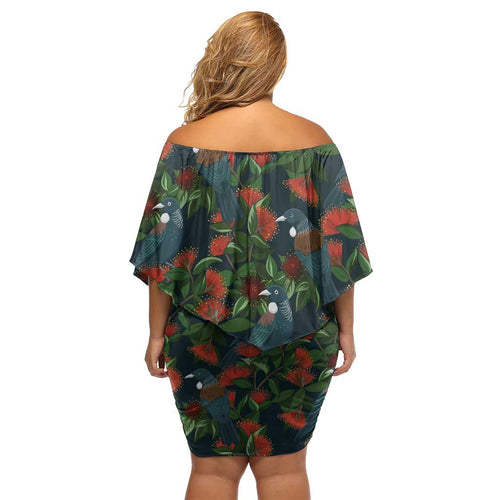 New Zealand Christmas Off Shoulder Short Dress Romantic Tui Birds on Pohutukawa - Cobalt - Aussie Hoodie