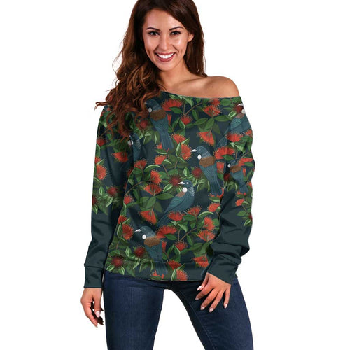 New Zealand Christmas Off Shoulder Sweater Romantic Tui Birds on Pohutukawa - Cobalt - Aussie Hoodie