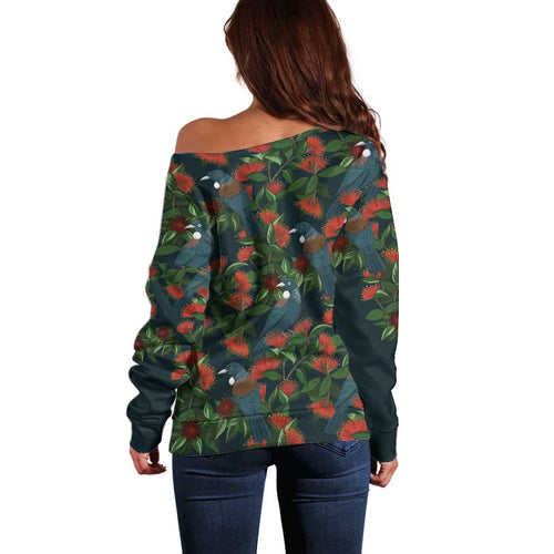 New Zealand Christmas Off Shoulder Sweater Romantic Tui Birds on Pohutukawa - Cobalt - Aussie Hoodie