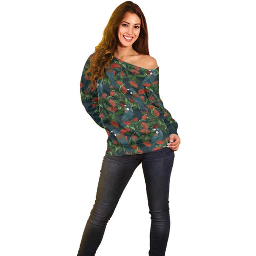 New Zealand Christmas Off Shoulder Sweater Romantic Tui Birds on Pohutukawa - Cobalt - Aussie Hoodie