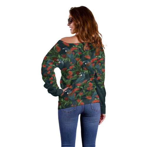 New Zealand Christmas Off Shoulder Sweater Romantic Tui Birds on Pohutukawa - Cobalt - Aussie Hoodie