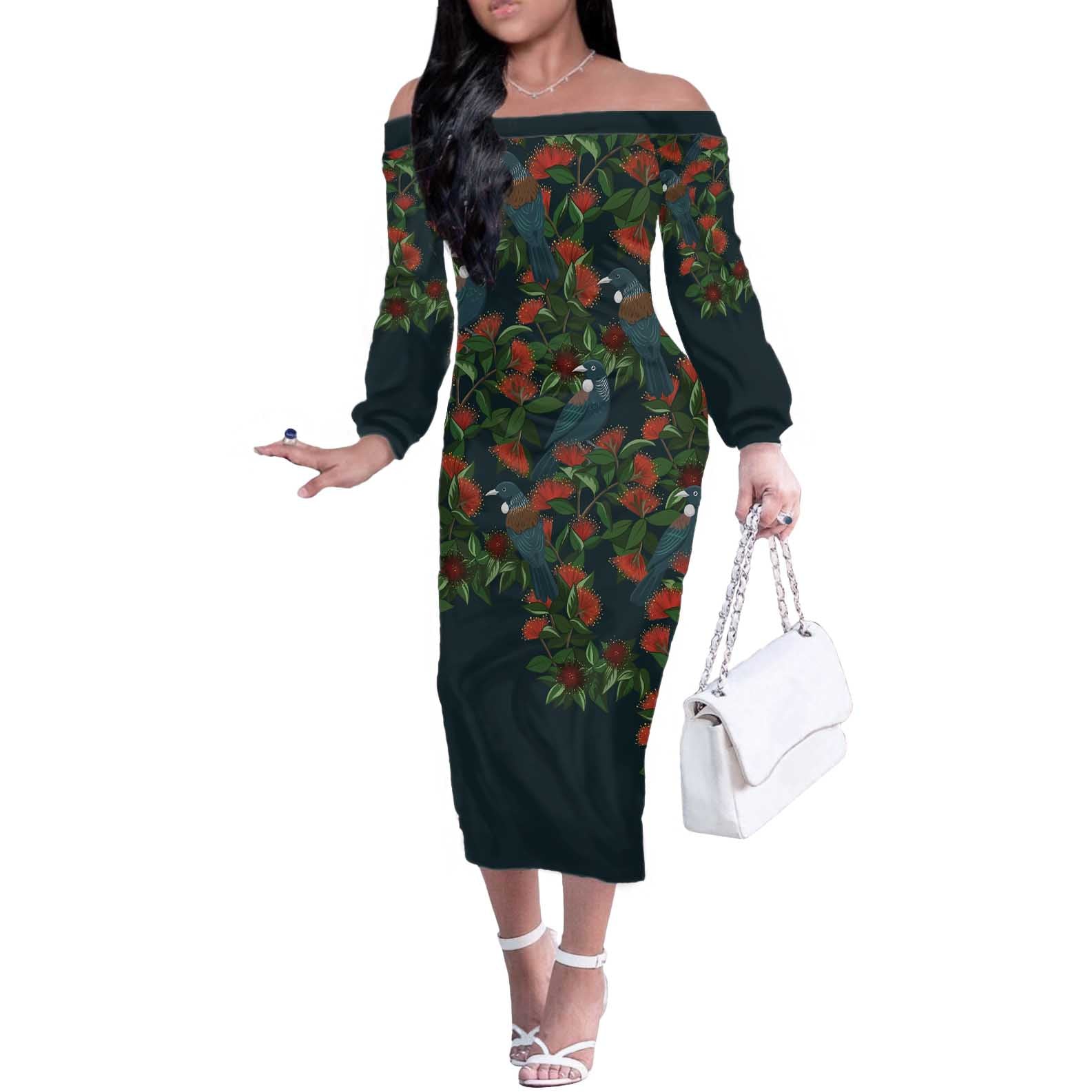 New Zealand Christmas Off The Shoulder Long Sleeve Dress Romantic Tui Birds on Pohutukawa - Cobalt - Aussie Hoodie