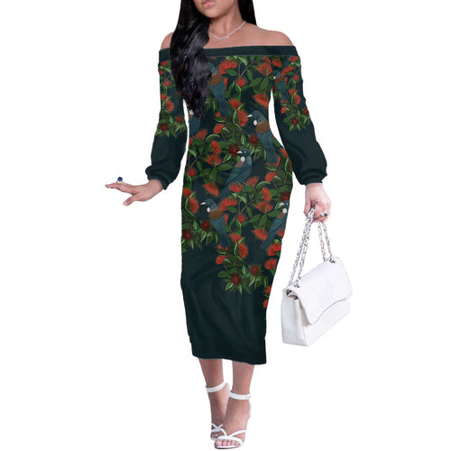 New Zealand Christmas Off The Shoulder Long Sleeve Dress Romantic Tui Birds on Pohutukawa - Cobalt - Aussie Hoodie