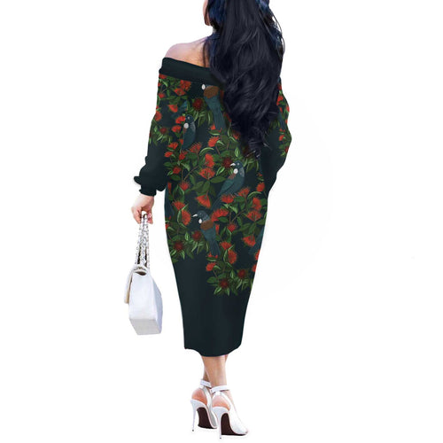 New Zealand Christmas Off The Shoulder Long Sleeve Dress Romantic Tui Birds on Pohutukawa - Cobalt - Aussie Hoodie