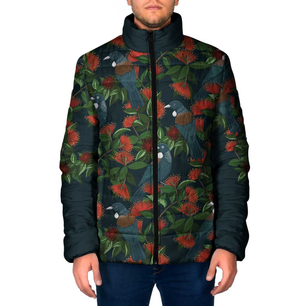 New Zealand Christmas Padded Jacket Romantic Tui Birds on Pohutukawa - Cobalt - Aussie Hoodie