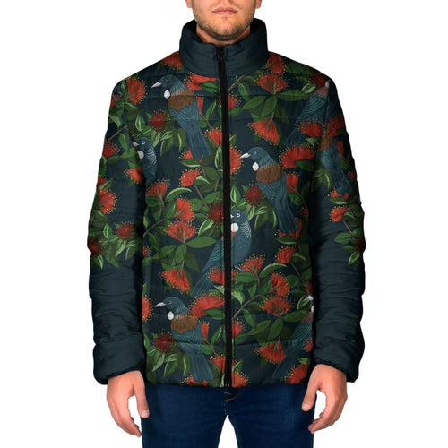 New Zealand Christmas Padded Jacket Romantic Tui Birds on Pohutukawa - Cobalt - Aussie Hoodie