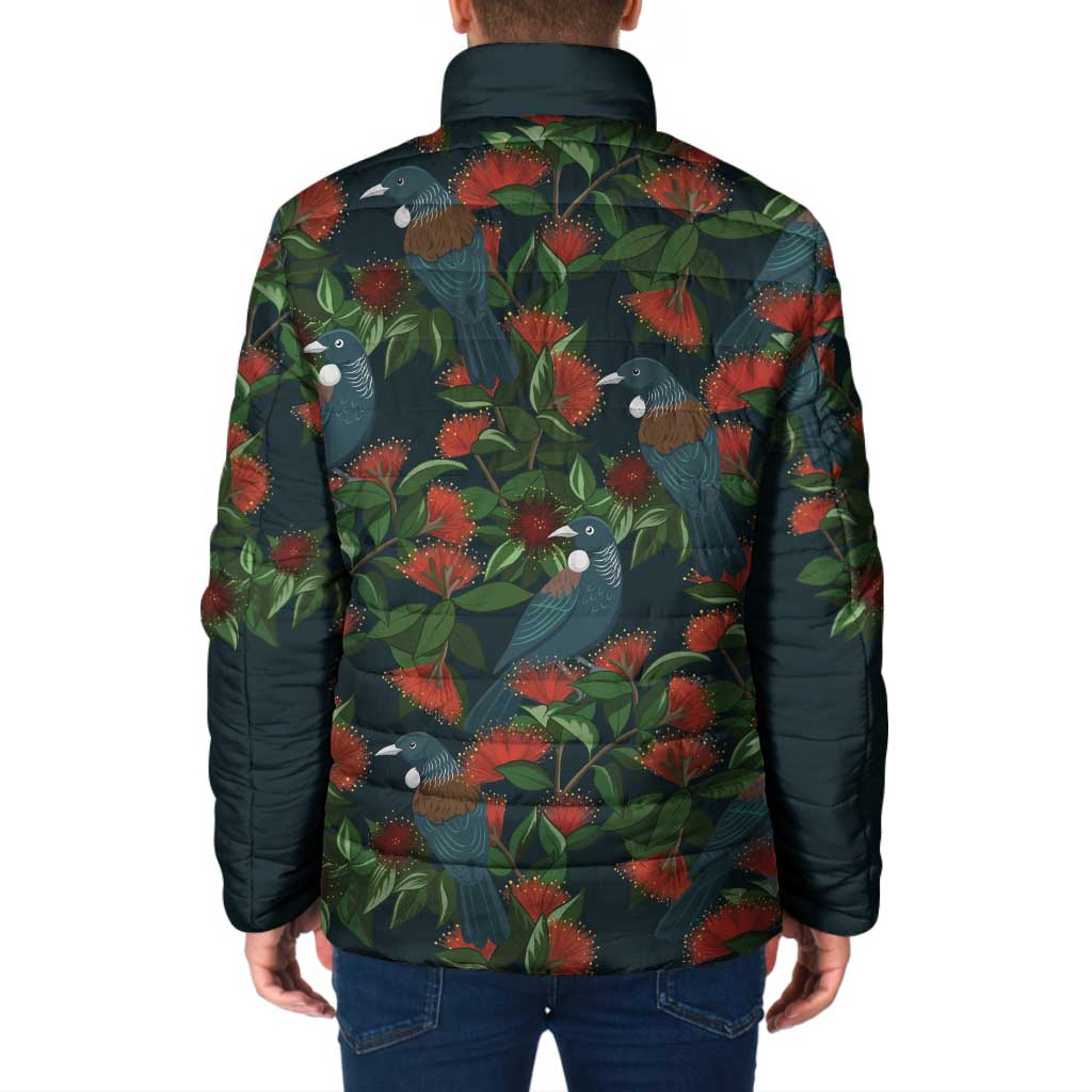 New Zealand Christmas Padded Jacket Romantic Tui Birds on Pohutukawa - Cobalt - Aussie Hoodie