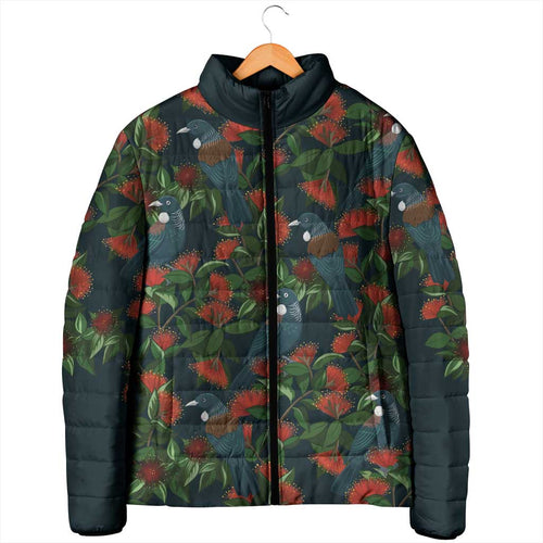 New Zealand Christmas Padded Jacket Romantic Tui Birds on Pohutukawa - Cobalt - Aussie Hoodie